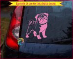 Black silhouette image of a pug dog design with its stout little body, chunky legs, and that classic curly pug tail looping proudly over its back. Big round eyes shine with playful mischief, while the wrinkly forehead, short snout, and floppy ears give this pug a sweet, lovable look. The bold silhouette style uses clean lines and high contrast, making the pug shape strong, cute, and instantly recognizable as a happy pug puppy.