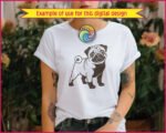 Black silhouette image of a pug dog design with its stout little body, chunky legs, and that classic curly pug tail looping proudly over its back. Big round eyes shine with playful mischief, while the wrinkly forehead, short snout, and floppy ears give this pug a sweet, lovable look. The bold silhouette style uses clean lines and high contrast, making the pug shape strong, cute, and instantly recognizable as a happy pug puppy.