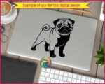 Black silhouette image of a pug dog design with its stout little body, chunky legs, and that classic curly pug tail looping proudly over its back. Big round eyes shine with playful mischief, while the wrinkly forehead, short snout, and floppy ears give this pug a sweet, lovable look. The bold silhouette style uses clean lines and high contrast, making the pug shape strong, cute, and instantly recognizable as a happy pug puppy.