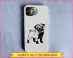 Black silhouette image of a pug dog design with its stout little body, chunky legs, and that classic curly pug tail looping proudly over its back. Big round eyes shine with playful mischief, while the wrinkly forehead, short snout, and floppy ears give this pug a sweet, lovable look. The bold silhouette style uses clean lines and high contrast, making the pug shape strong, cute, and instantly recognizable as a happy pug puppy.