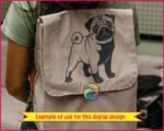 Black silhouette image of a pug dog design with its stout little body, chunky legs, and that classic curly pug tail looping proudly over its back. Big round eyes shine with playful mischief, while the wrinkly forehead, short snout, and floppy ears give this pug a sweet, lovable look. The bold silhouette style uses clean lines and high contrast, making the pug shape strong, cute, and instantly recognizable as a happy pug puppy.