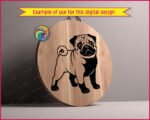 Black silhouette image of a pug dog design with its stout little body, chunky legs, and that classic curly pug tail looping proudly over its back. Big round eyes shine with playful mischief, while the wrinkly forehead, short snout, and floppy ears give this pug a sweet, lovable look. The bold silhouette style uses clean lines and high contrast, making the pug shape strong, cute, and instantly recognizable as a happy pug puppy.
