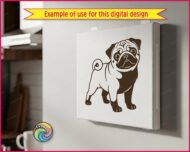 Black silhouette image of a pug dog design with its stout little body, chunky legs, and that classic curly pug tail looping proudly over its back. Big round eyes shine with playful mischief, while the wrinkly forehead, short snout, and floppy ears give this pug a sweet, lovable look. The bold silhouette style uses clean lines and high contrast, making the pug shape strong, cute, and instantly recognizable as a happy pug puppy.