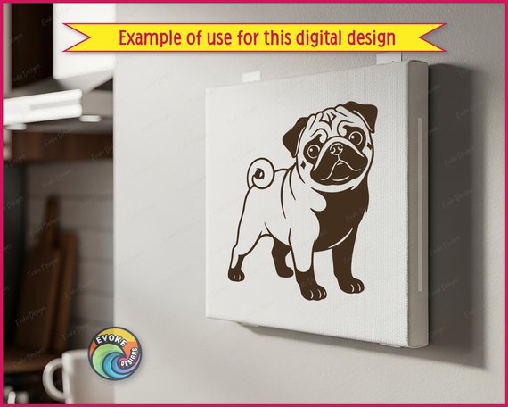 Black silhouette image of a pug dog design with its stout little body, chunky legs, and that classic curly pug tail looping proudly over its back. Big round eyes shine with playful mischief, while the wrinkly forehead, short snout, and floppy ears give this pug a sweet, lovable look. The bold silhouette style uses clean lines and high contrast, making the pug shape strong, cute, and instantly recognizable as a happy pug puppy.