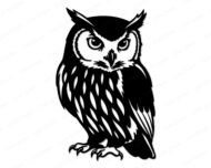 Black silhouette image of a majestic great horned owl standing proud with huge round piercing eyes that sparkle with wise secrets, striking tufted ears perked high like little horns, a fierce hooked beak ready for clever hoots, intricate layered feather patterns in dramatic contrasting fills and negative space, fluffy facial disk framing those mesmerizing owl eyes, textured wing hints and strong taloned feet all in classic barn owl meets eagle owl style that owl lovers and night creature fans will hoot over.