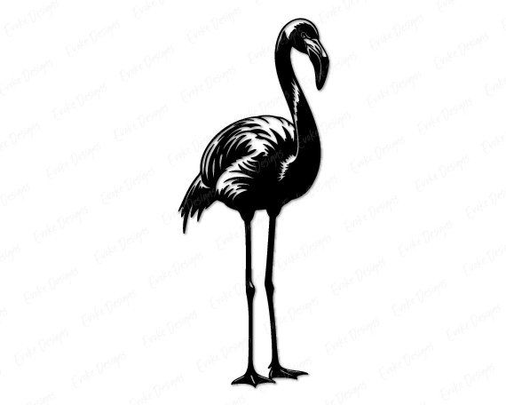 Flamingo Silhouette image of a flamingo standing proud on long skinny legs, with gorgeous ruffled feathers, a gracefully curved neck, and that iconic downward-pointing beak. Every fluffy feather layer and spindly toe is crisp and detailed, perfect for flamingo lovers everywhere!