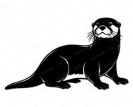 Black silhouette image of a river otter with a long swooshy tail, rounded otter ears, bright curious eyes, and whiskery snout full of playful charm. This smooth otter design shows a happy sea otter pose with soft curves, clean lines, and bold contrast, capturing that lovable aquatic animal vibe every otter lover adores.