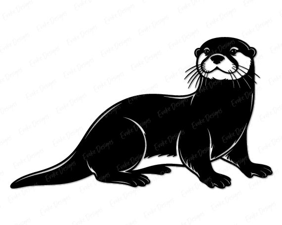 Black silhouette image of a river otter with a long swooshy tail, rounded otter ears, bright curious eyes, and whiskery snout full of playful charm. This smooth otter design shows a happy sea otter pose with soft curves, clean lines, and bold contrast, capturing that lovable aquatic animal vibe every otter lover adores.