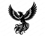 Black silhouette image of a phoenix spreading its mighty wings in a fiery burst of feathers, swirling tail plumes, and proud mythical bird power. The majestic phoenix bird lifts skyward with sharp feather details, flowing flame-like tail curls, and a strong soaring pose that captures classic phoenix legend, rebirth magic, and fantasy firebird energy in crisp high contrast lines.