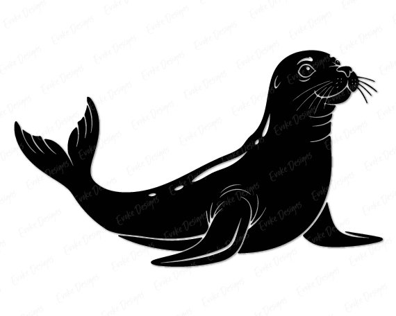 Black silhouette image of a chubby, whiskered sea lion rearing up proudly on its front flippers, showing off its sleek torpedo body, fanned tail flippers, and those long tickly whiskers pointing every which way. This California sea lion clipart captures coastal wildlife, marine mammal magic, beachy sea life, and bold high contrast lines in a clean minimalist cut file style that highlights every flipper, whisker, and sea lion detail.
