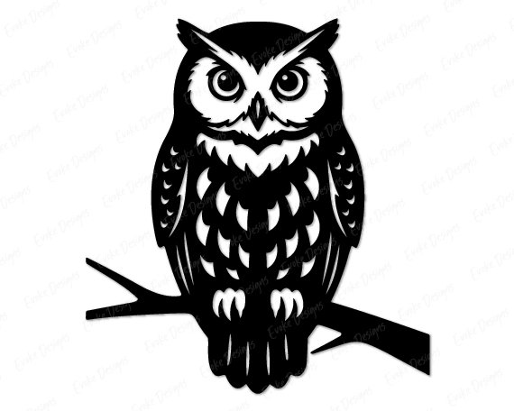 Black silhouette image of an owl perching proudly on a branch, showing off his round owl eyes, fluffy owl feathers, and cute little owl talons. This wise old horned old has a classic silhouette style with gorgeous layered wing details and pointy ear tufts that make him extra special. A perfect night owl, woodland owl, and forest owl all in one!