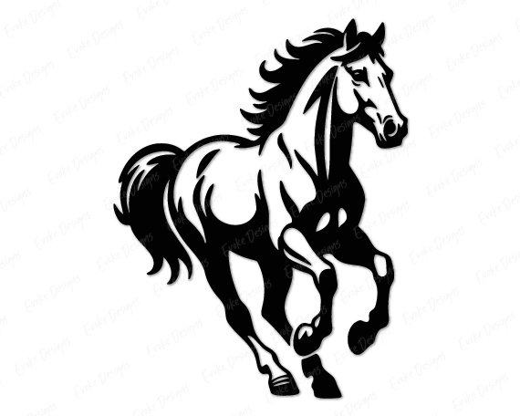 Black silhouette image of a horse galloping with wild abandon. This spirited stallion bursts with energy, his flowing mane whipping through the imaginary breeze and bushy tail trailing in playful excitement. This dynamic horse vector art captures the majestic equine in mid stride. The horse's powerful front legs are raised high and muscular body shines through with strength, with an expressive head full of determination.