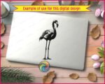 Silhouette image of a flamingo standing proud on long skinny legs, with gorgeous ruffled feathers, a gracefully curved neck, and that iconic downward-pointing beak. Every fluffy feather layer and spindly toe is crisp and detailed, perfect for flamingo lovers everywhere!