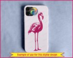 Silhouette image of a flamingo standing proud on long skinny legs, with gorgeous ruffled feathers, a gracefully curved neck, and that iconic downward-pointing beak. Every fluffy feather layer and spindly toe is crisp and detailed, perfect for flamingo lovers everywhere!