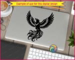Black silhouette image of a phoenix spreading its mighty wings in a fiery burst of feathers, swirling tail plumes, and proud mythical bird power. The majestic phoenix bird lifts skyward with sharp feather details, flowing flame-like tail curls, and a strong soaring pose that captures classic phoenix legend, rebirth magic, and fantasy firebird energy in crisp high contrast lines.