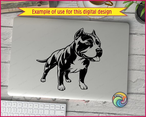 Black silhouette image of a stocky, muscular American Pit Bull Terrier standing proud with a wide chest, cropped ears, a big blocky head, wrinkled brow, and a happy tongue-out smile. This classic stencil-style bully breed vector design captures every detail of your favorite pitbull, from his chunky paws to his whippy little tail to his big wide pitty smile.