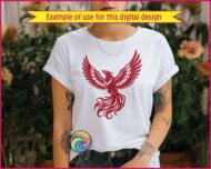 Black silhouette image of a phoenix spreading its mighty wings in a fiery burst of feathers, swirling tail plumes, and proud mythical bird power. The majestic phoenix bird lifts skyward with sharp feather details, flowing flame-like tail curls, and a strong soaring pose that captures classic phoenix legend, rebirth magic, and fantasy firebird energy in crisp high contrast lines.