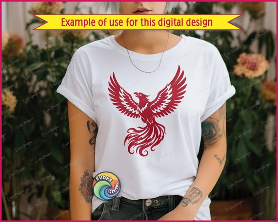 Black silhouette image of a phoenix spreading its mighty wings in a fiery burst of feathers, swirling tail plumes, and proud mythical bird power. The majestic phoenix bird lifts skyward with sharp feather details, flowing flame-like tail curls, and a strong soaring pose that captures classic phoenix legend, rebirth magic, and fantasy firebird energy in crisp high contrast lines.