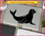Black silhouette image of a chubby, whiskered sea lion rearing up proudly on its front flippers, showing off its sleek torpedo body, fanned tail flippers, and those long tickly whiskers pointing every which way. This California sea lion clipart captures coastal wildlife, marine mammal magic, beachy sea life, and bold high contrast lines in a clean minimalist cut file style that highlights every flipper, whisker, and sea lion detail.
