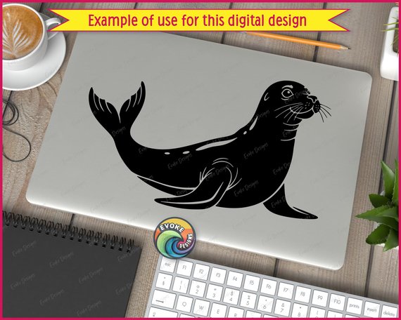 Black silhouette image of a chubby, whiskered sea lion rearing up proudly on its front flippers, showing off its sleek torpedo body, fanned tail flippers, and those long tickly whiskers pointing every which way. This California sea lion clipart captures coastal wildlife, marine mammal magic, beachy sea life, and bold high contrast lines in a clean minimalist cut file style that highlights every flipper, whisker, and sea lion detail.