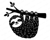 Black silhouette image of a chillest little sloth hanging from a leafy tree branch, drifting through the day with sleepy eyes and a happy smile. This cute sloth clipart shows a cuddly three-toed sloth wrapped around a branch with long curved claws, fluffy shaggy fur, tiny sloth nose, and peaceful jungle vibes. The bold sloth silhouette and playful fur details make this relaxed tree sloth design full of lazy rainforest charm.