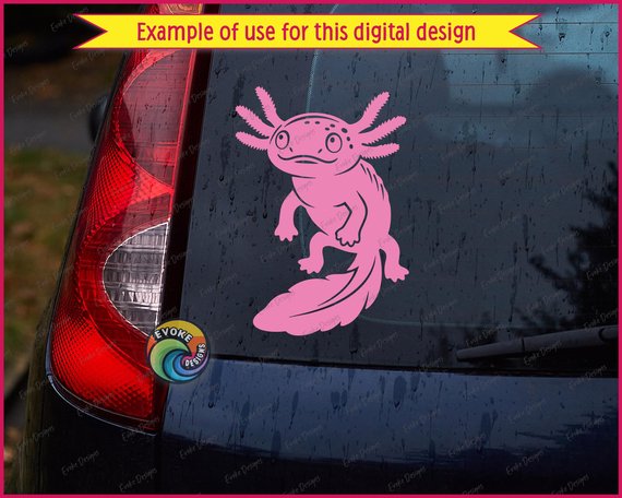 Black silhouette image of a happy axolotl with frilly gills waving like feathers, big round eyes sparkling with joy, a sweet smile on its chubby face, tiny legs ready to wiggle, and a flowing tail that swooshes like a magical feather.