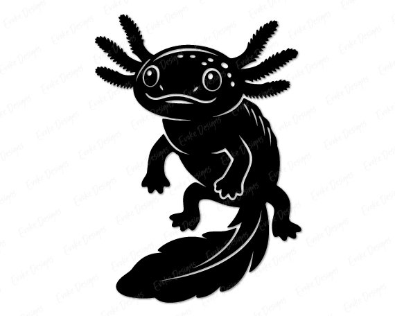 Black silhouette image of a happy axolotl with frilly gills waving like feathers, big round eyes sparkling with joy, a sweet smile on its chubby face, tiny legs ready to wiggle, and a flowing tail that swooshes like a magical feather.