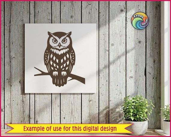 Black silhouette image of an owl perching proudly on a branch, showing off his round owl eyes, fluffy owl feathers, and cute little owl talons. This wise old horned old has a classic silhouette style with gorgeous layered wing details and pointy ear tufts that make him extra special. A perfect night owl, woodland owl, and forest owl all in one!