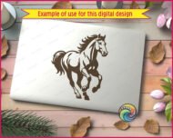 Black silhouette image of a horse galloping with wild abandon. This spirited stallion bursts with energy, his flowing mane whipping through the imaginary breeze and bushy tail trailing in playful excitement. This dynamic horse vector art captures the majestic equine in mid stride. The horse's powerful front legs are raised high and muscular body shines through with strength, with an expressive head full of determination.