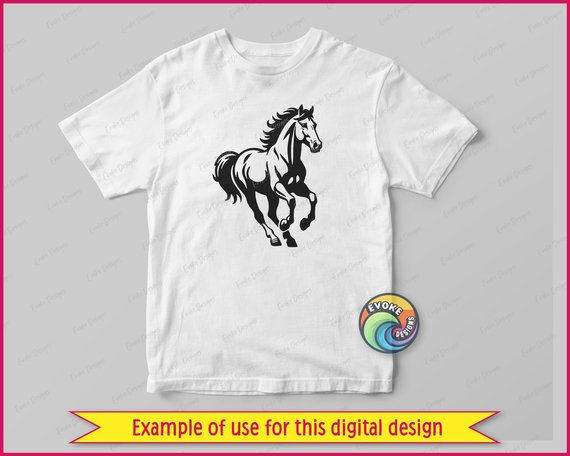 Black silhouette image of a horse galloping with wild abandon. This spirited stallion bursts with energy, his flowing mane whipping through the imaginary breeze and bushy tail trailing in playful excitement. This dynamic horse vector art captures the majestic equine in mid stride. The horse's powerful front legs are raised high and muscular body shines through with strength, with an expressive head full of determination.