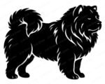 Silhouette image of a Chow Chow dog capturing the fluffy charm of its classic lion-mane in a bold silhouette style. With its puffy cloud-like fur, perky ears, curly plume tail, and sturdy teddy-bear body, this cute Chow Chow puppy stands proud and ready for adventure. Every fluffy detail of this Chow Chow dog design pops with personality, from its signature ruff around the neck to its happy expression and strong legs.