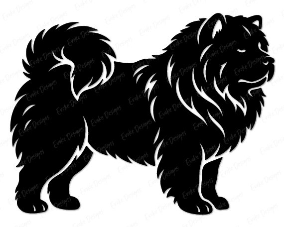 Silhouette image of a Chow Chow dog capturing the fluffy charm of its classic lion-mane in a bold silhouette style. With its puffy cloud-like fur, perky ears, curly plume tail, and sturdy teddy-bear body, this cute Chow Chow puppy stands proud and ready for adventure. Every fluffy detail of this Chow Chow dog design pops with personality, from its signature ruff around the neck to its happy expression and strong legs.