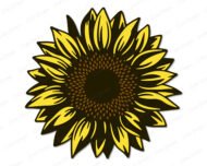 Image of a golden yellow sunflower SVG shining bright with buttery lemon petals, rich chocolate-brown seed details, and a deep dark centre bursting with warmth and sunshine! This vibrant sunflower clipart features gorgeous overlapping petals with beautiful golden linework throughout. A happy sunflower image full of sunshine and charm.