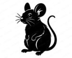Silhouette image of a adorable chubby mouse design featuring a bold black silhouette of a cute cartoon mouse standing upright on tiny paws, with big round ears, long twitchy whiskers, a curly thin tail, and the most charming wide eyes. This chunky little mouse SVG has fluffy fur texture details and a plump round belly that makes him irresistibly sweet.