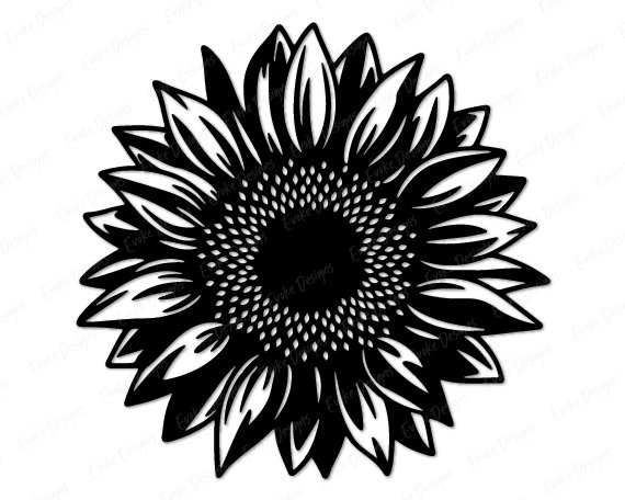Silhouette image of a sunflower blooming with layered petals, radiant floral symmetry, and a rich seed center packed with tiny dotted detail. This sunflower SVG feels bright, happy, and full of garden charm, with crisp lines, clean contrast, and a classic botanical look that pops in black and white. A cheerful sunflower clipart style full of sunny energy.