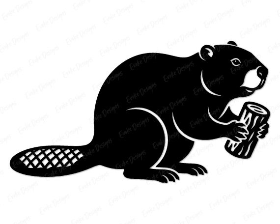 Beaver Black silhouette image of a busy little beaver sitting proud with a chunky body, smooth bold silhouette, and a wide paddle tail etched in neat crisscross detail, clutching a gnawed log like a true dam builder. This cute beaver clipart shows tiny paws, rounded ears, bright eye, and soft curved lines that give it a friendly woodland creature look.