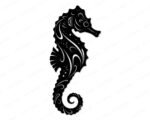 Silhouette image of a dreamy seahorse swirling like a tiny ocean dancer, with a curled tail, long snout, and flowing fins wrapped in elegant wave patterns, starry dots, and coral-like curls. This ornate seahorse clipart feels magical and bold with clean high contrast lines, capturing sea life beauty, and coastal fantasy in one graceful marine themed design.