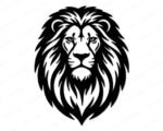 Black silhouette image of a fierce front-facing lion face with a full, flowing mane, dramatic tribal-style markings, sharp lion eyes, a proud lion nose, and strong lion jaw. This lion head silhouette shows rich mane texture, clean high contrast lines, and balanced symmetry that captures true king of the jungle energy, big cat strength, and classic lion clipart style.