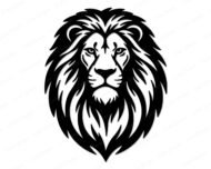 Black silhouette image of a fierce front-facing lion face with a full, flowing mane, dramatic tribal-style markings, sharp lion eyes, a proud lion nose, and strong lion jaw. This lion head silhouette shows rich mane texture, clean high contrast lines, and balanced symmetry that captures true king of the jungle energy, big cat strength, and classic lion clipart style.