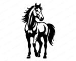Silhouette image of a bold, beautiful stallion standing proud and strong with a wild flowing mane and powerful hooves, captured in stunning silhouette style clipart art! This standing horse SVG features dramatic high contrast detail, perfect for horse lovers, cowgirls, cowboys and equestrian fans. This majestic horse design showcases every gorgeous curve of a powerful thoroughbred, from his flowing forelock to his swishing tail.