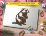 Black silhouette image of a plump, fluffy, wide-bodied beaver standing upright on his chunky little paws, showing off his magnificent scaly paddle tail, twitchy whiskers, and glossy dark fur with dreamy chest fluffiness. This charming woodland creature, dam-builder, nature lover, and pond-dwelling rodent mascot is drawn in a stunning silhouette-style illustration.