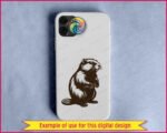 Black silhouette image of a plump, fluffy, wide-bodied beaver standing upright on his chunky little paws, showing off his magnificent scaly paddle tail, twitchy whiskers, and glossy dark fur with dreamy chest fluffiness. This charming woodland creature, dam-builder, nature lover, and pond-dwelling rodent mascot is drawn in a stunning silhouette-style illustration.