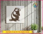 Black silhouette image of a plump, fluffy, wide-bodied beaver standing upright on his chunky little paws, showing off his magnificent scaly paddle tail, twitchy whiskers, and glossy dark fur with dreamy chest fluffiness. This charming woodland creature, dam-builder, nature lover, and pond-dwelling rodent mascot is drawn in a stunning silhouette-style illustration.