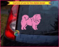 Silhouette image of a Chow Chow dog capturing the fluffy charm of its classic lion-mane in a bold silhouette style. With its puffy cloud-like fur, perky ears, curly plume tail, and sturdy teddy-bear body, this cute Chow Chow puppy stands proud and ready for adventure. Every fluffy detail of this Chow Chow dog design pops with personality, from its signature ruff around the neck to its happy expression and strong legs.