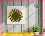 Image of a golden yellow sunflower SVG shining bright with buttery lemon petals, rich chocolate-brown seed details, and a deep dark centre bursting with warmth and sunshine! This vibrant sunflower clipart features gorgeous overlapping petals with beautiful golden linework throughout. A happy sunflower image full of sunshine and charm.