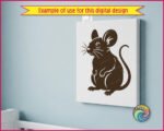 Silhouette image of a adorable chubby mouse design featuring a bold black silhouette of a cute cartoon mouse standing upright on tiny paws, with big round ears, long twitchy whiskers, a curly thin tail, and the most charming wide eyes. This chunky little mouse SVG has fluffy fur texture details and a plump round belly that makes him irresistibly sweet.