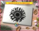 Silhouette image of a sunflower blooming with layered petals, radiant floral symmetry, and a rich seed center packed with tiny dotted detail. This sunflower SVG feels bright, happy, and full of garden charm, with crisp lines, clean contrast, and a classic botanical look that pops in black and white. A cheerful sunflower clipart style full of sunny energy.