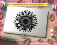 Silhouette image of a sunflower blooming with layered petals, radiant floral symmetry, and a rich seed center packed with tiny dotted detail. This sunflower SVG feels bright, happy, and full of garden charm, with crisp lines, clean contrast, and a classic botanical look that pops in black and white. A cheerful sunflower clipart style full of sunny energy.