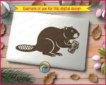 Black silhouette image of a busy little beaver sitting proud with a chunky body, smooth bold silhouette, and a wide paddle tail etched in neat crisscross detail, clutching a gnawed log like a true dam builder. This cute beaver clipart shows tiny paws, rounded ears, bright eye, and soft curved lines that give it a friendly woodland creature look.