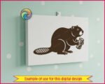 Black silhouette image of a busy little beaver sitting proud with a chunky body, smooth bold silhouette, and a wide paddle tail etched in neat crisscross detail, clutching a gnawed log like a true dam builder. This cute beaver clipart shows tiny paws, rounded ears, bright eye, and soft curved lines that give it a friendly woodland creature look.